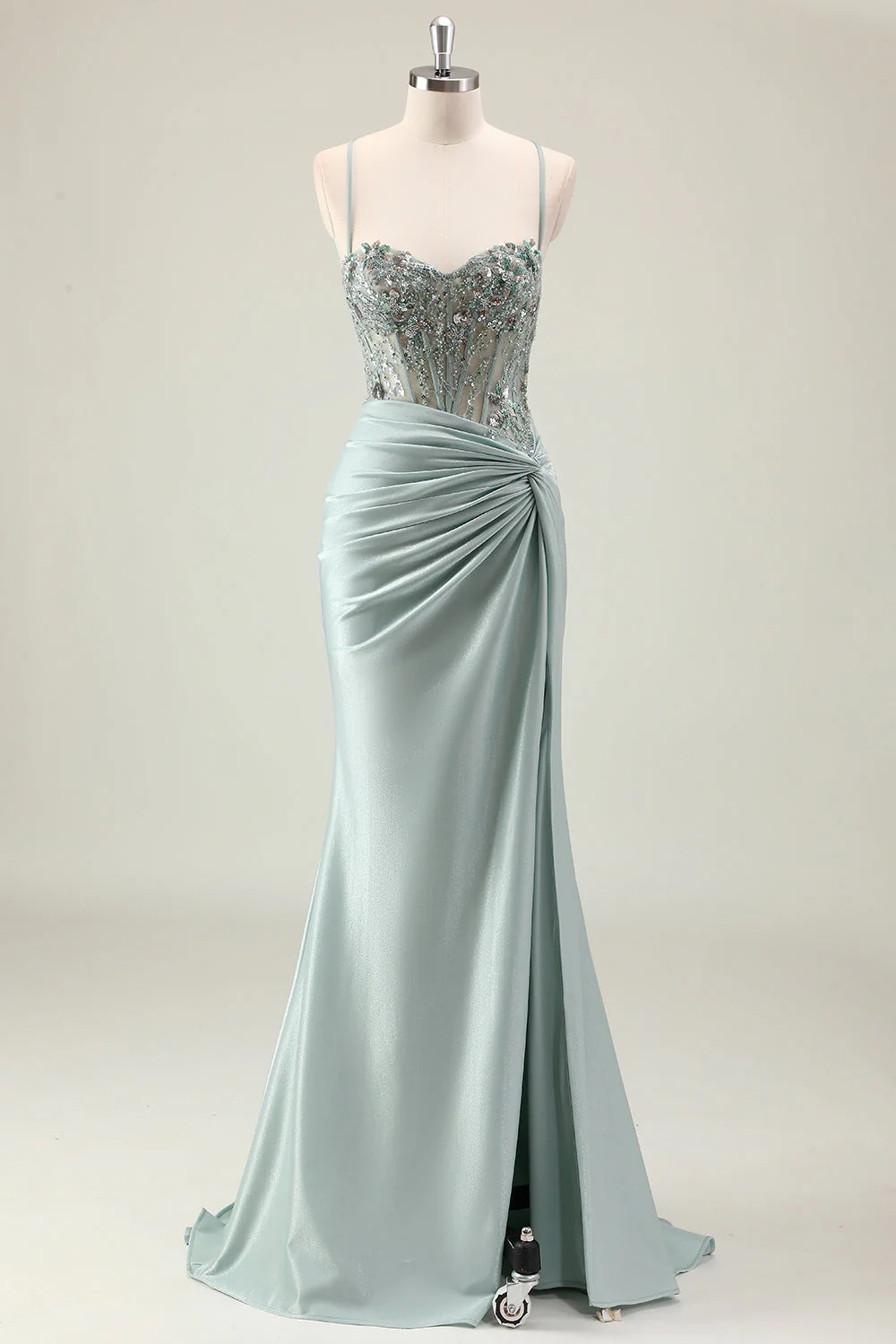 Robe de bal à bretelles spaghetti à paillettes scintillantes sirène bleu marine foncé avec fente - Image 7
