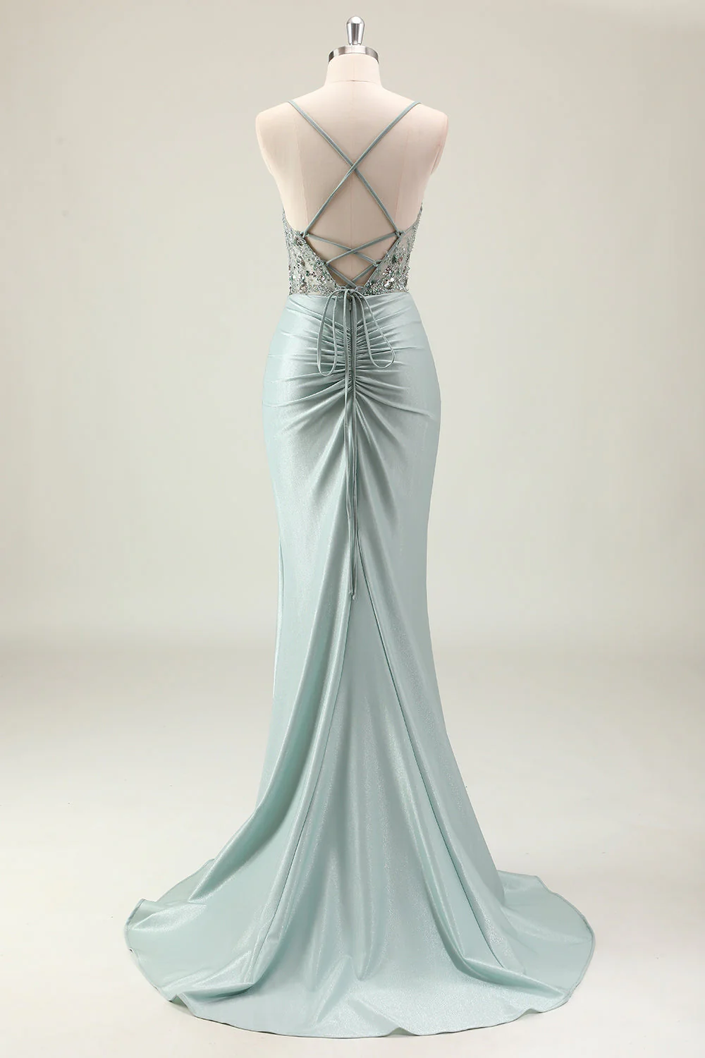 Robe de bal à bretelles spaghetti à paillettes scintillantes sirène bleu marine foncé avec fente - Image 8
