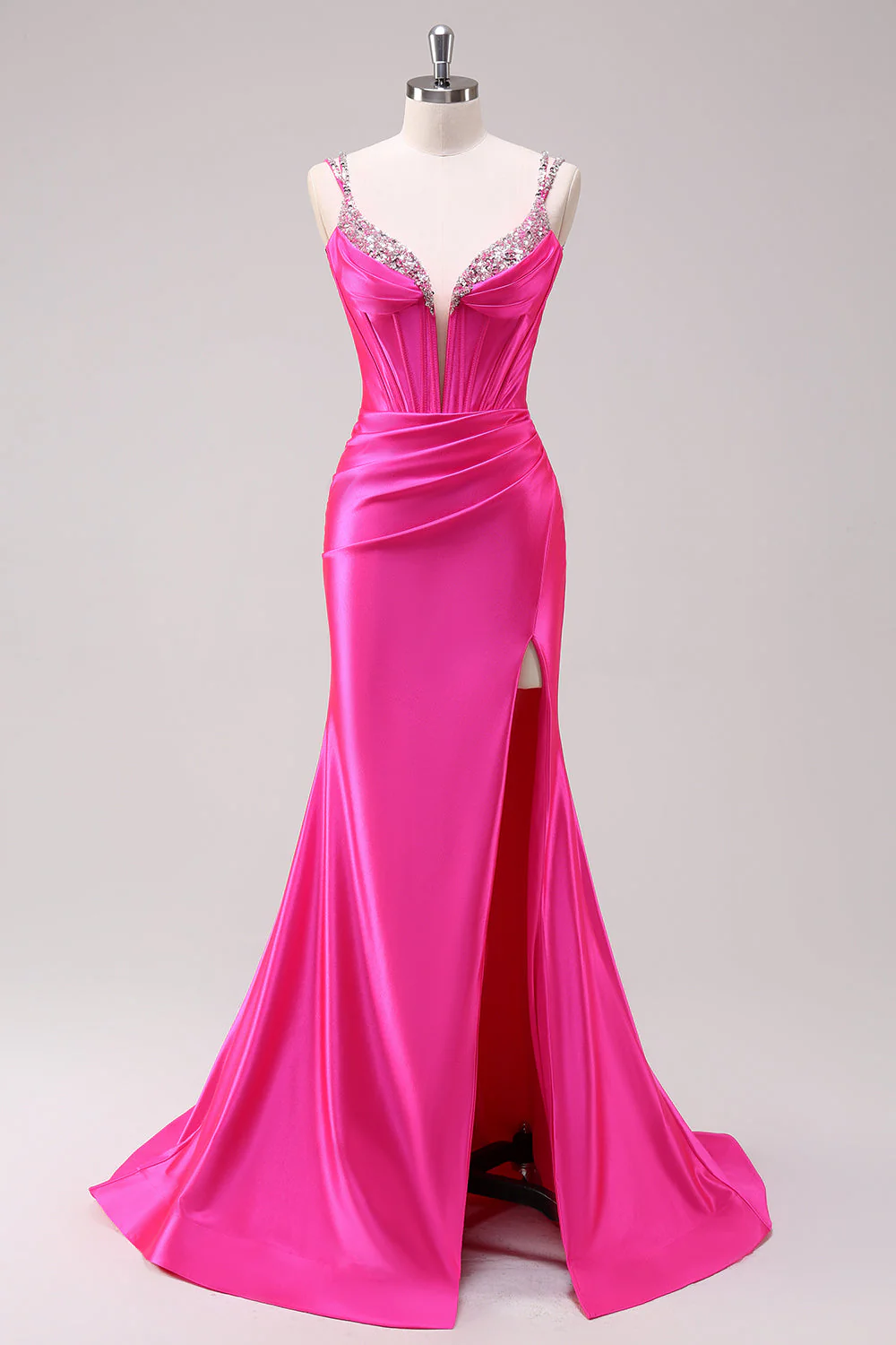 Robe de bal à bretelles spaghetti sirène fuchsia corset à paillettes avec fente