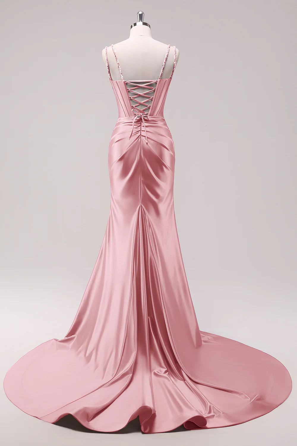 Robe de bal à bretelles spaghetti sirène fuchsia corset à paillettes avec fente - Image 10