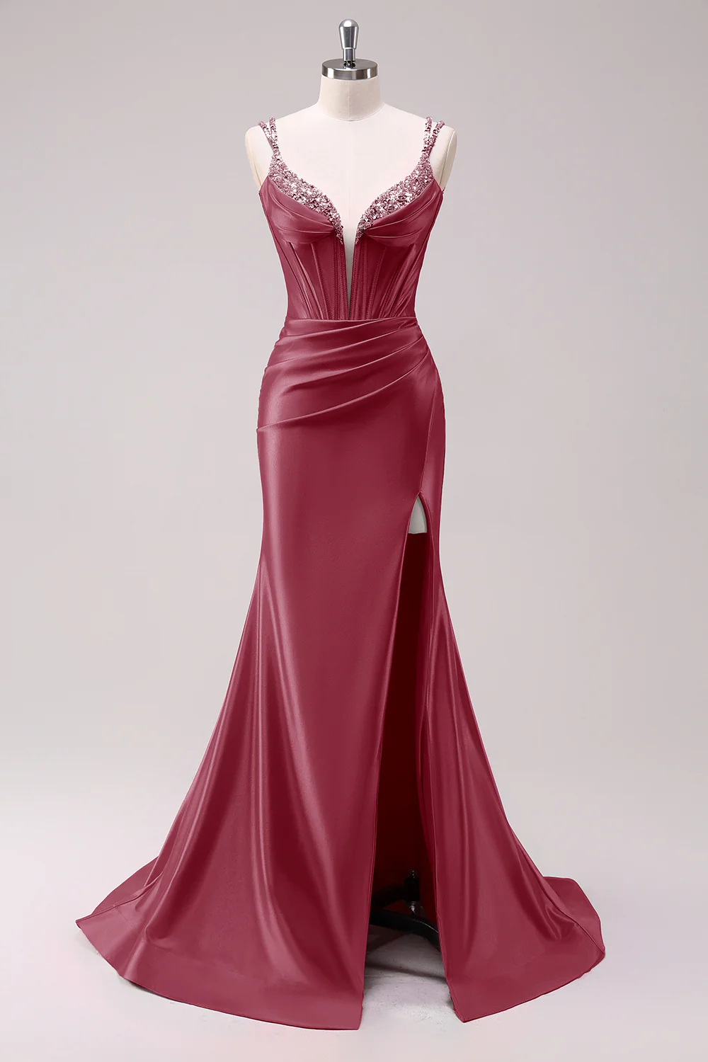 Robe de bal à bretelles spaghetti sirène fuchsia corset à paillettes avec fente - Image 11