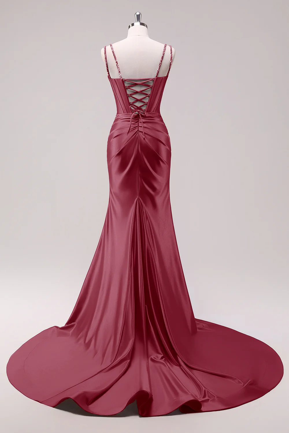 Robe de bal à bretelles spaghetti sirène fuchsia corset à paillettes avec fente - Image 12