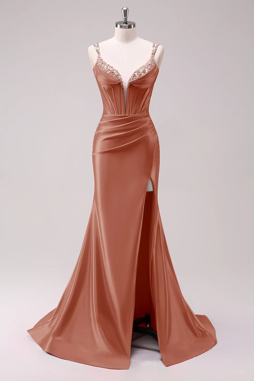 Robe de bal à bretelles spaghetti sirène fuchsia corset à paillettes avec fente - Image 13