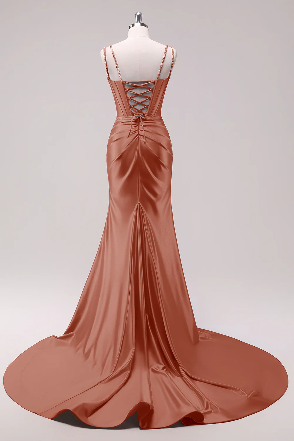 Robe de bal à bretelles spaghetti sirène fuchsia corset à paillettes avec fente - Image 14