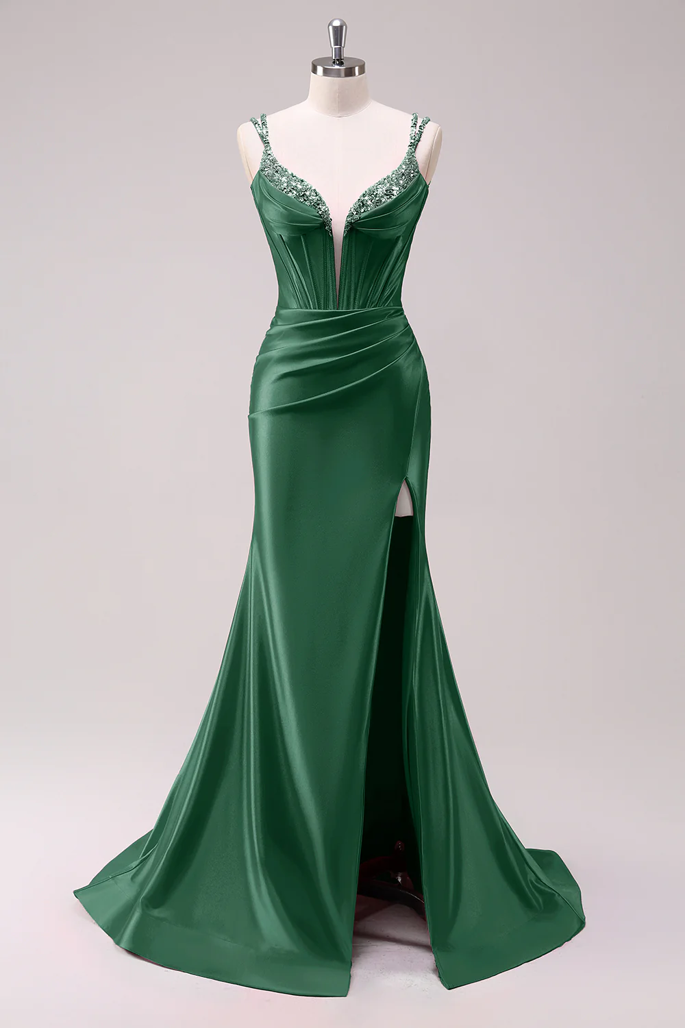 Robe de bal à bretelles spaghetti sirène fuchsia corset à paillettes avec fente - Image 15