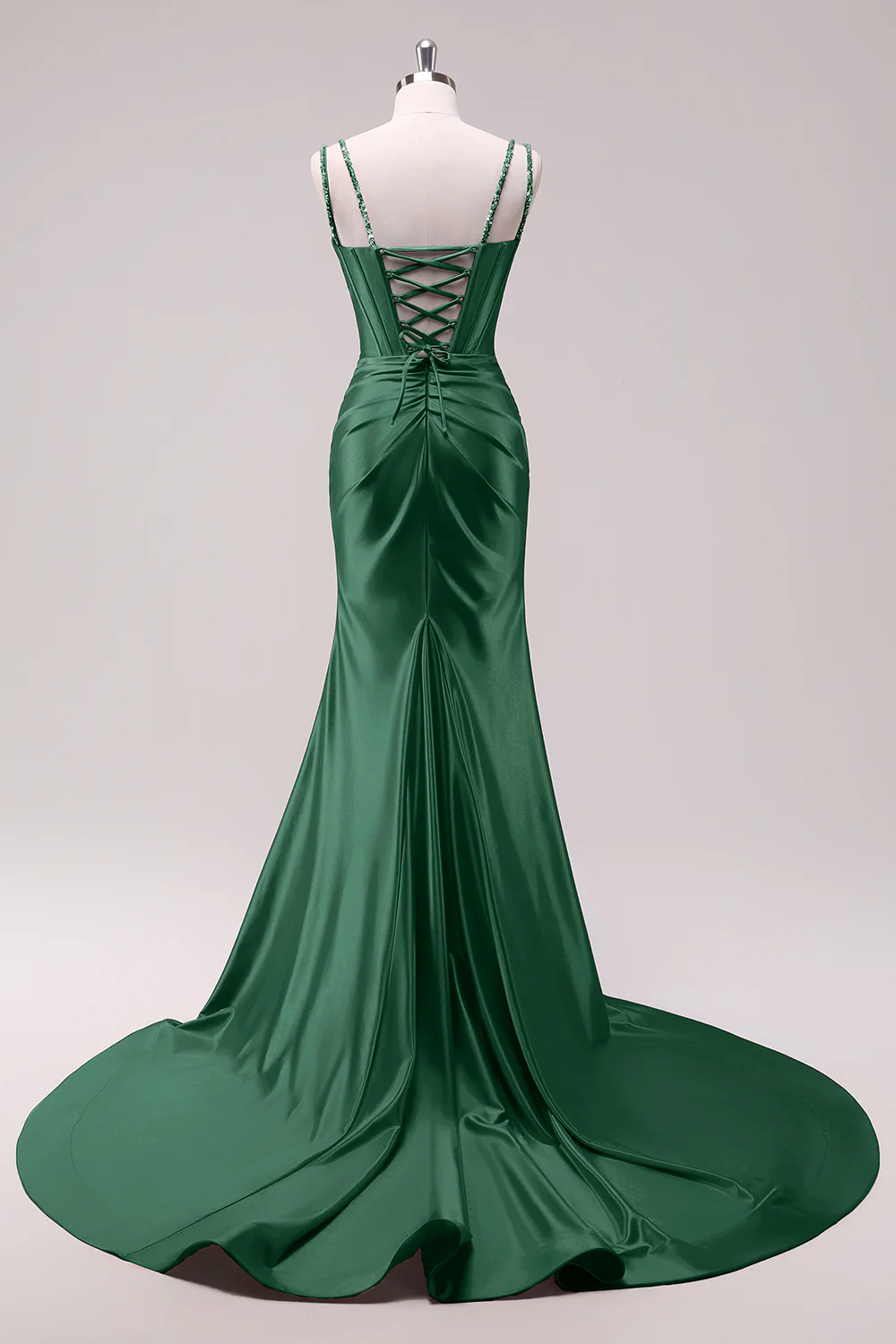 Robe de bal à bretelles spaghetti sirène fuchsia corset à paillettes avec fente - Image 16