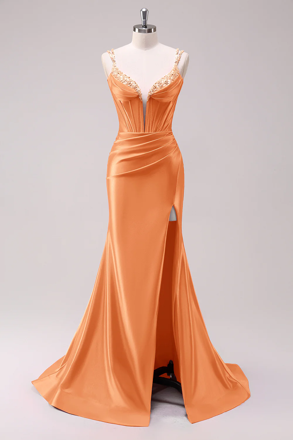 Robe de bal à bretelles spaghetti sirène fuchsia corset à paillettes avec fente - Image 17