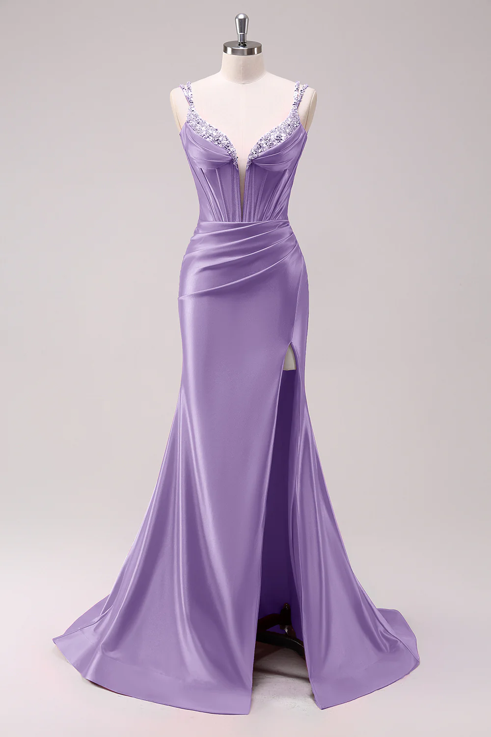 Robe de bal à bretelles spaghetti sirène fuchsia corset à paillettes avec fente - Image 19