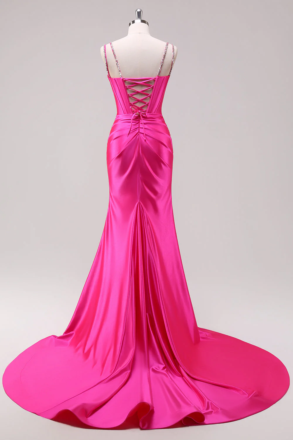 Robe de bal à bretelles spaghetti sirène fuchsia corset à paillettes avec fente - Image 2