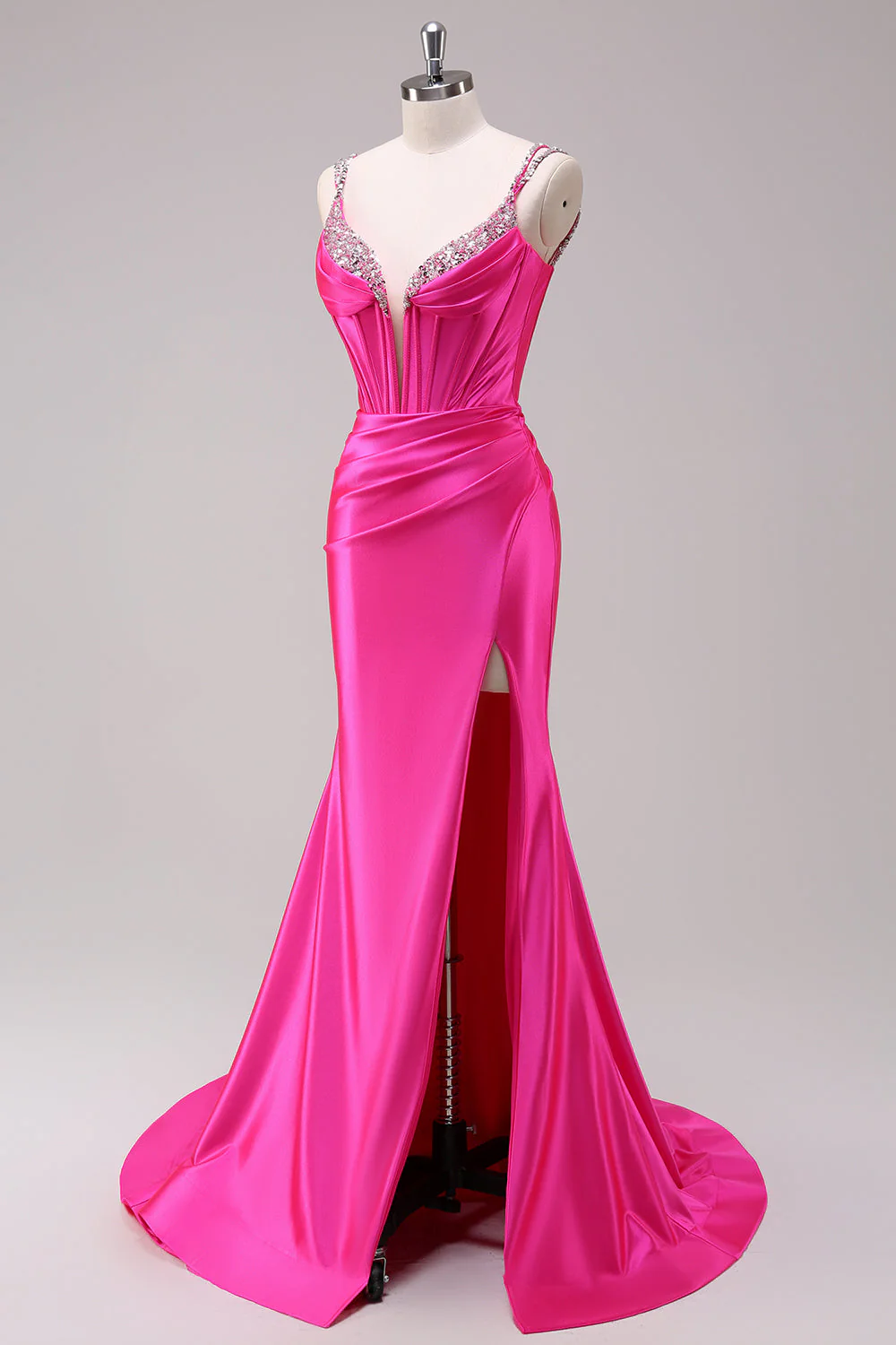 Robe de bal à bretelles spaghetti sirène fuchsia corset à paillettes avec fente - Image 3