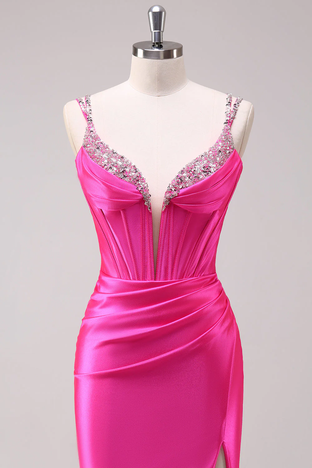 Robe de bal à bretelles spaghetti sirène fuchsia corset à paillettes avec fente - Image 4