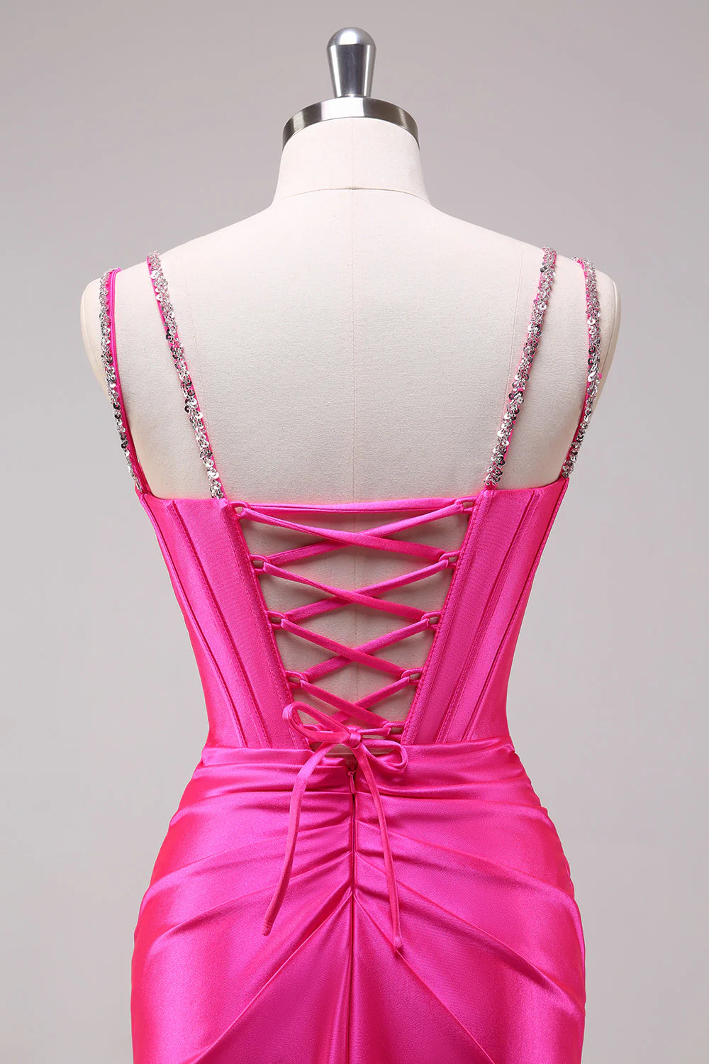 Robe de bal à bretelles spaghetti sirène fuchsia corset à paillettes avec fente - Image 5