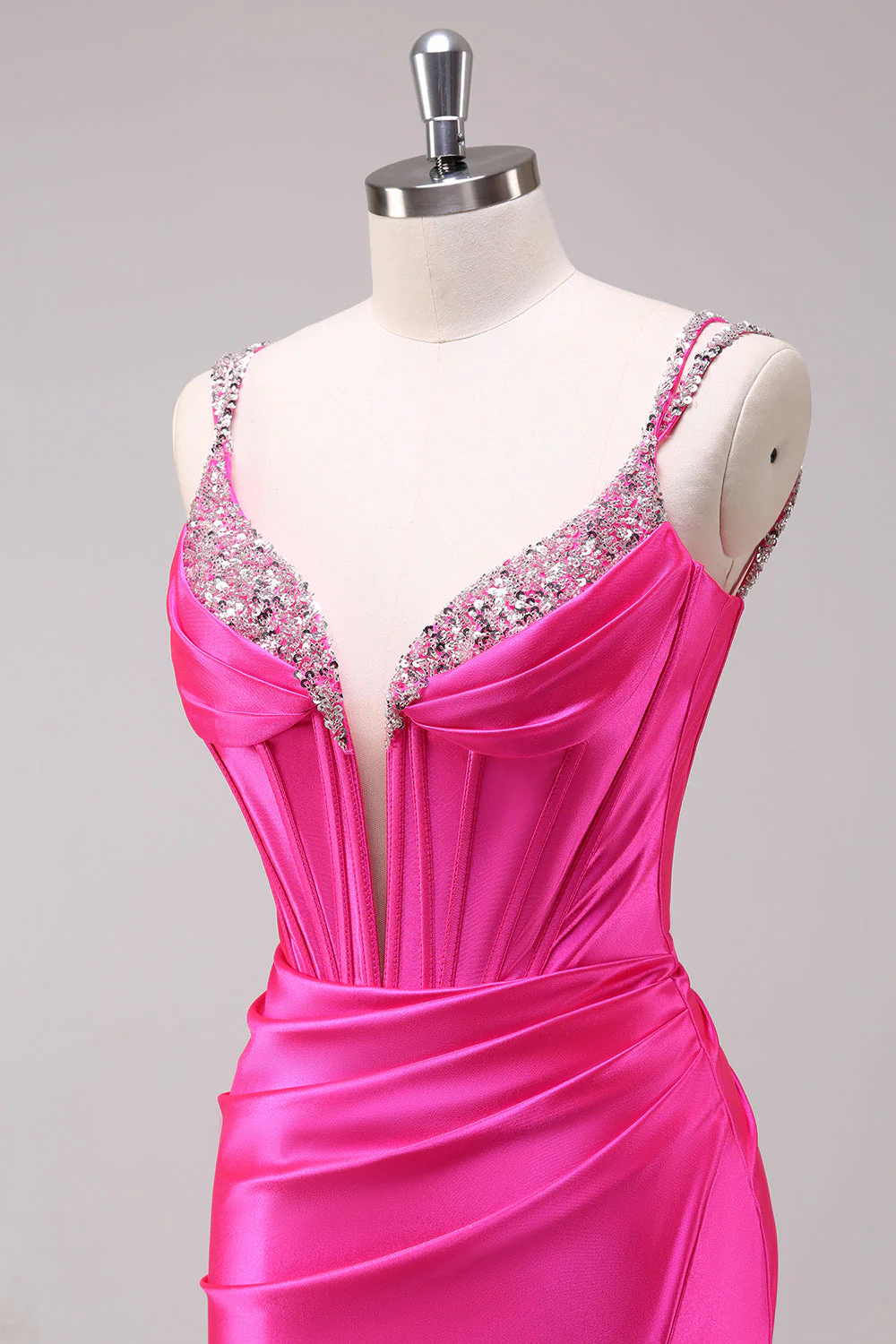 Robe de bal à bretelles spaghetti sirène fuchsia corset à paillettes avec fente - Image 6