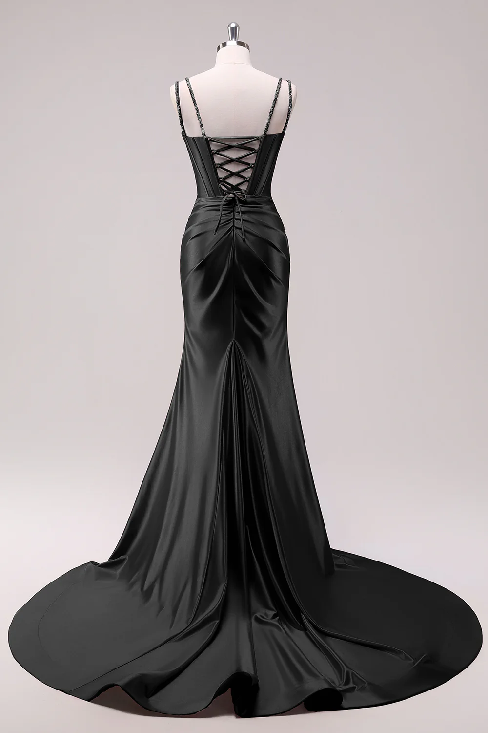 Robe de bal à bretelles spaghetti sirène fuchsia corset à paillettes avec fente - Image 8