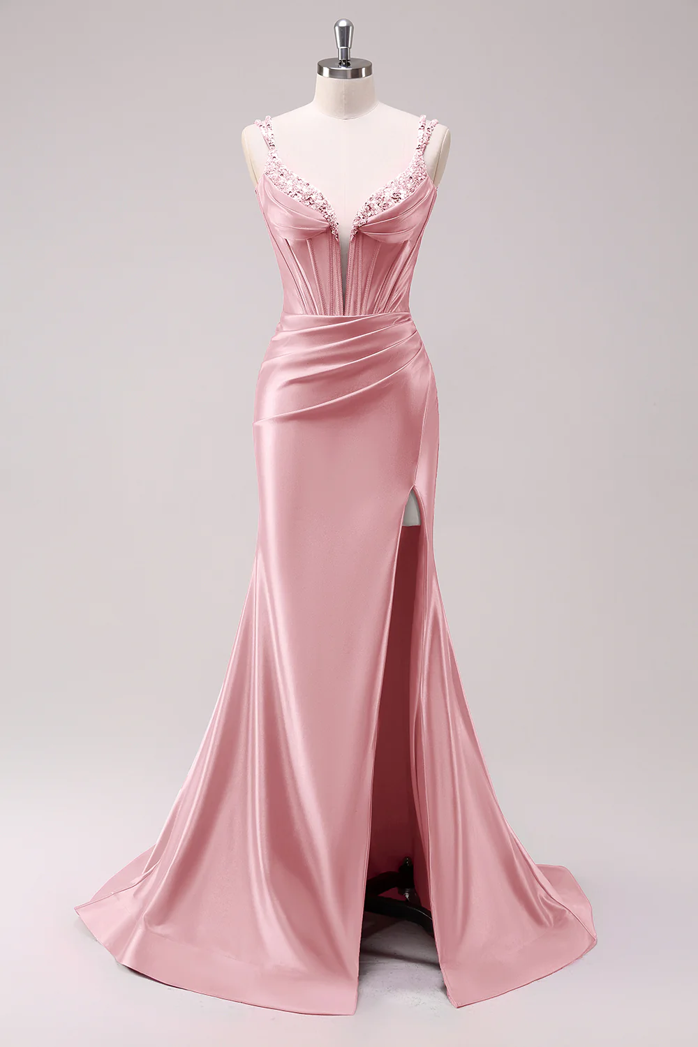 Robe de bal à bretelles spaghetti sirène fuchsia corset à paillettes avec fente - Image 9