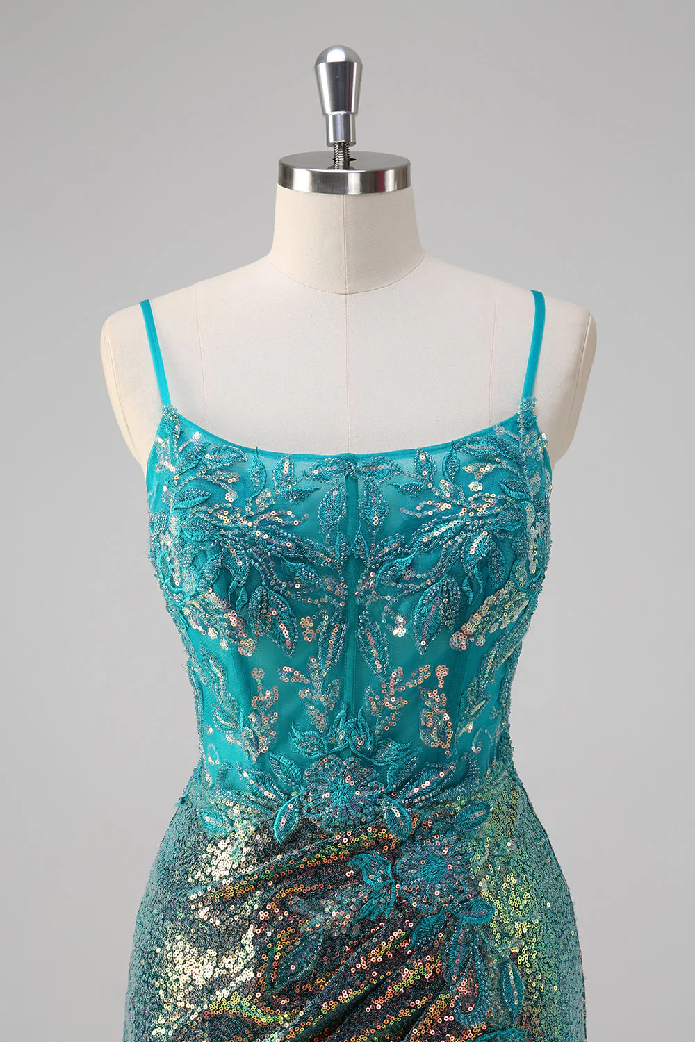 Robe de bal à bretelles spaghetti sirène vert paon Corset à paillettes - Image 4