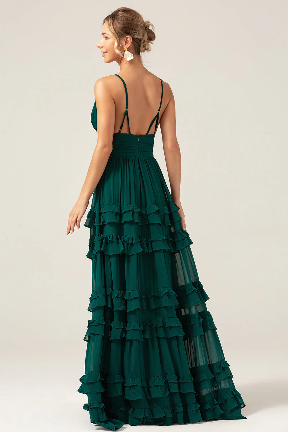 Robe de soirée à bretelles spaghetti vert foncé à plusieurs niveaux avec plissée - Image 2