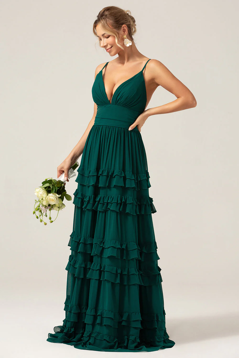 Robe de soirée à bretelles spaghetti vert foncé à plusieurs niveaux avec plissée - Image 5