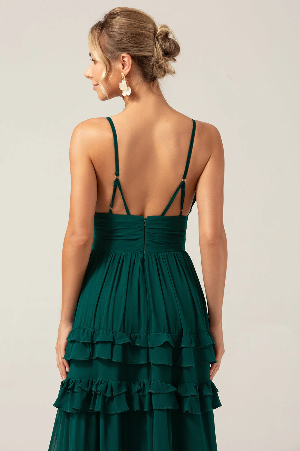 Robe de soirée à bretelles spaghetti vert foncé à plusieurs niveaux avec plissée - Image 7
