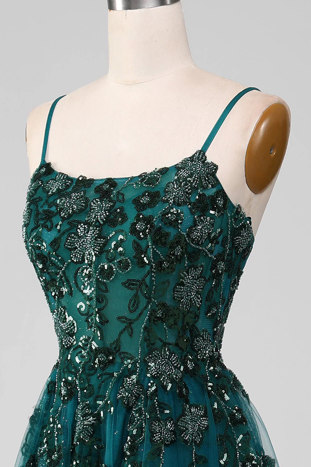 Robe de soirée à bretelles spaghetti vert foncé une ligne avec fente - Image 6