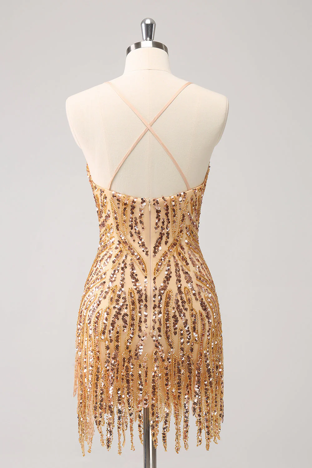Robe de bal à col en V à paillettes dorées scintillantes avec franges - Image 2