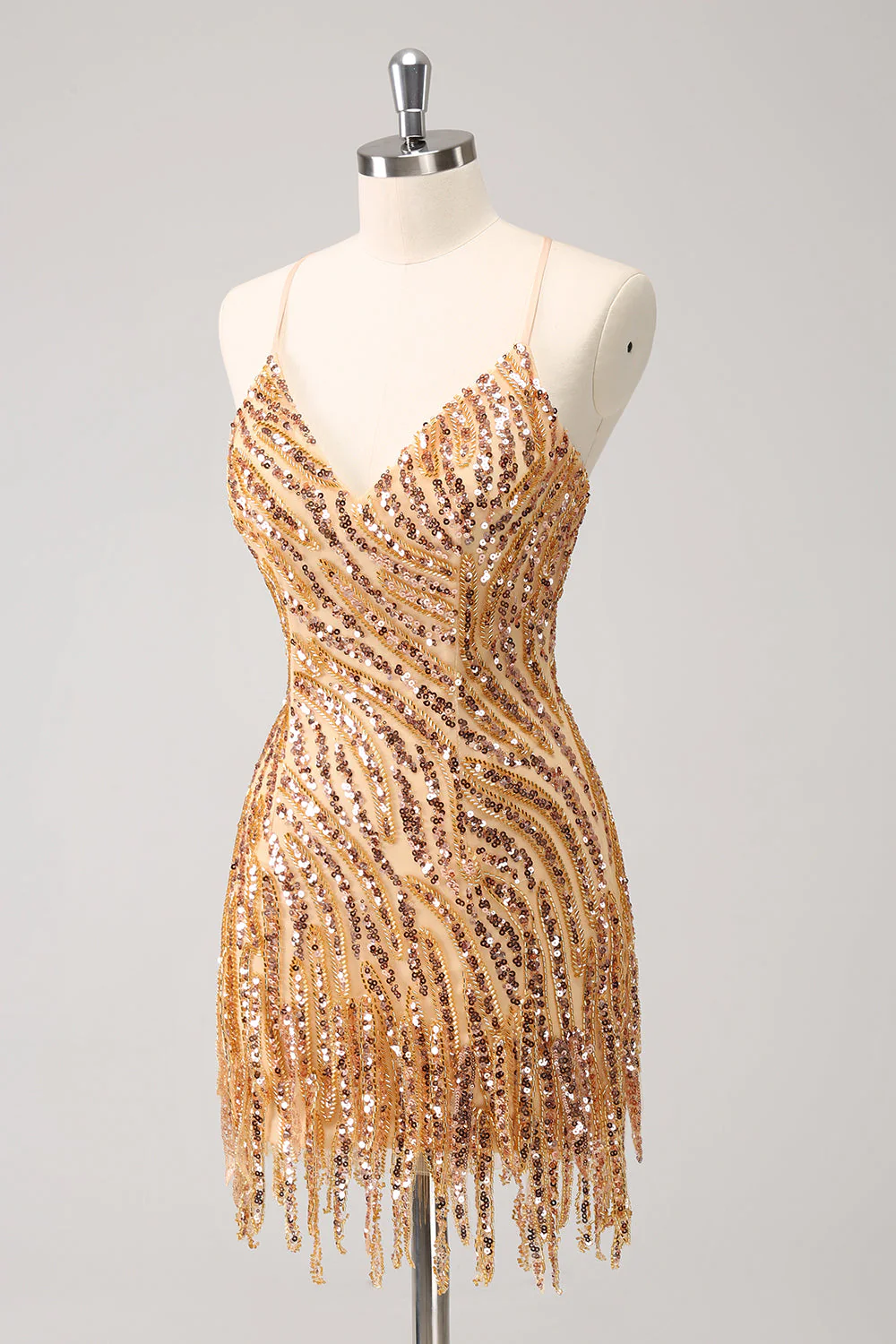 Robe de bal à col en V à paillettes dorées scintillantes avec franges - Image 3
