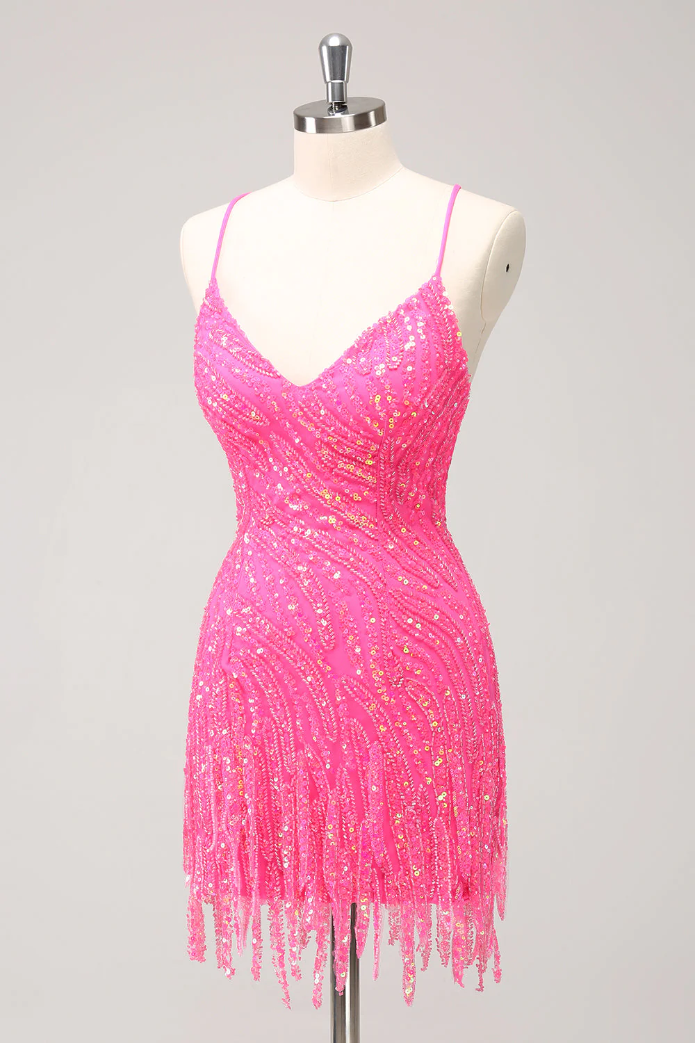 Robe de bal à col en V à paillettes dorées scintillantes avec franges - Image 9