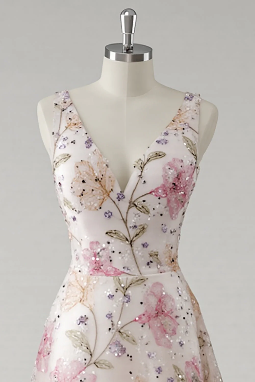 Robe de soirée rose scintillante à col V imprimé floral - Image 3