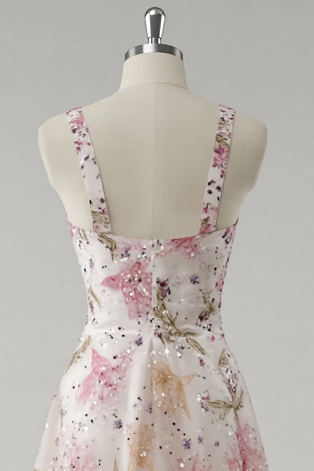 Robe de soirée rose scintillante à col V imprimé floral - Image 4