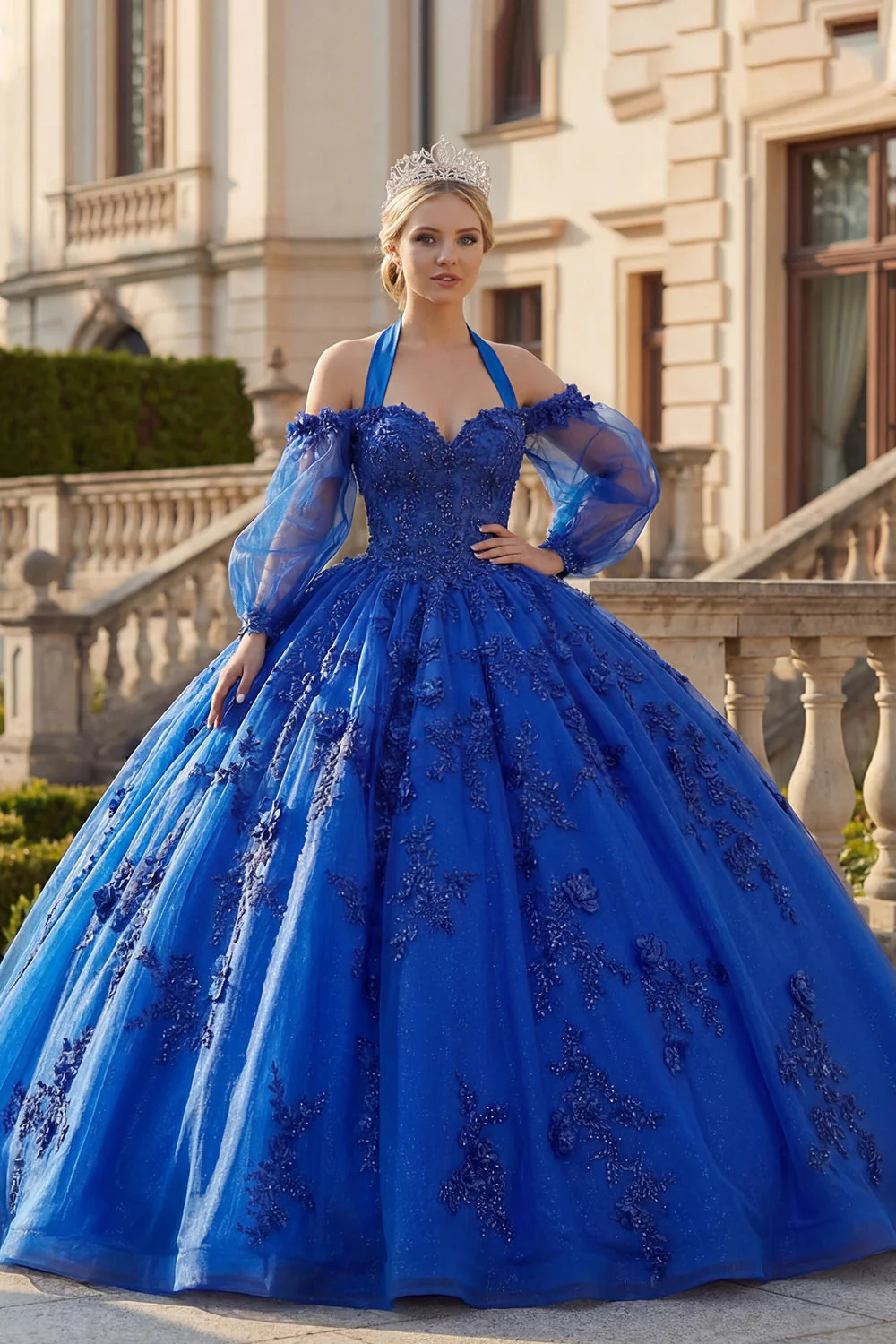 Robe de bal à col nu, bleu royal pailleté pailletée robe quinceañera