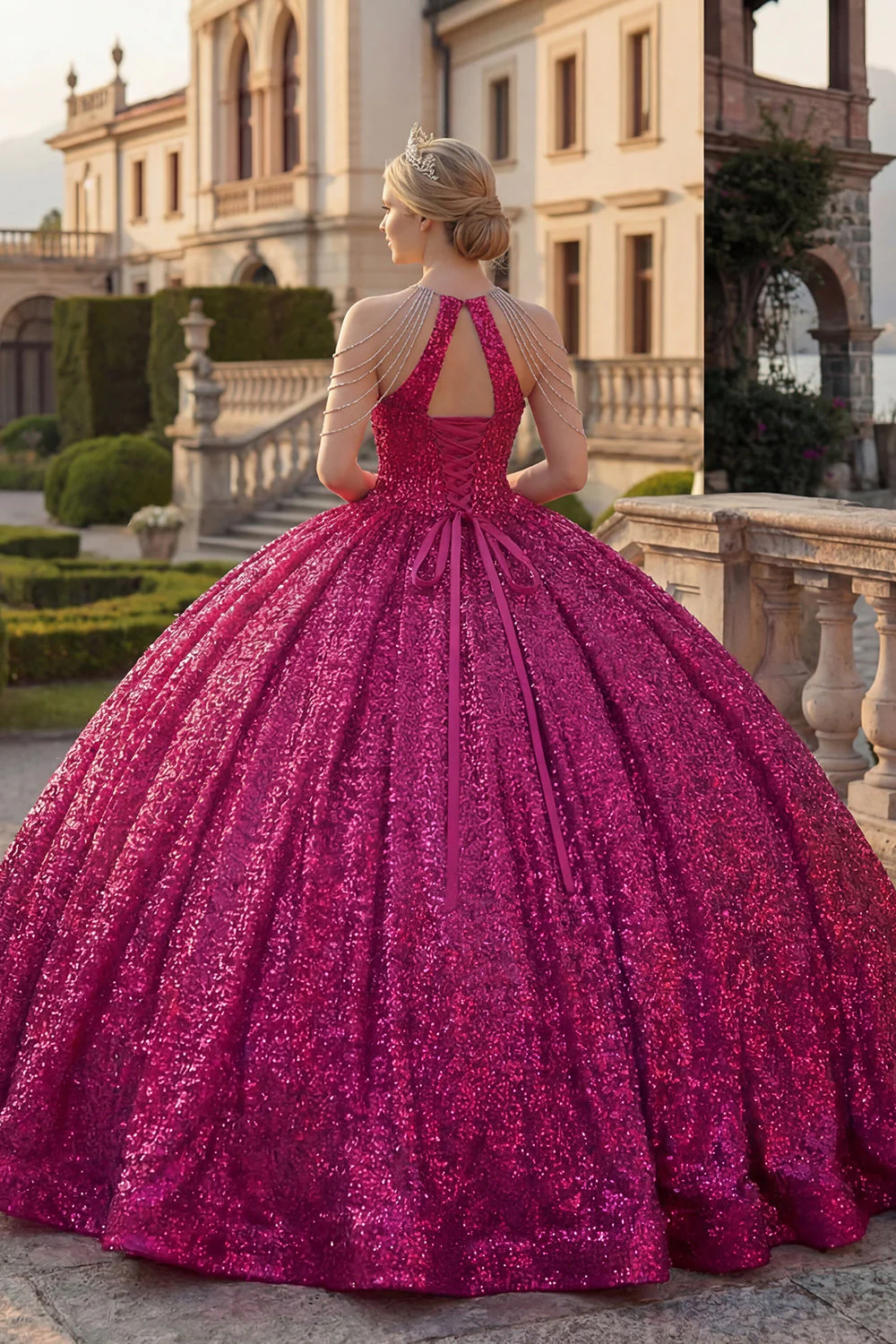Robe de bal à col nu en fuchsia scintillante Sequins Quinceañera - Image 2