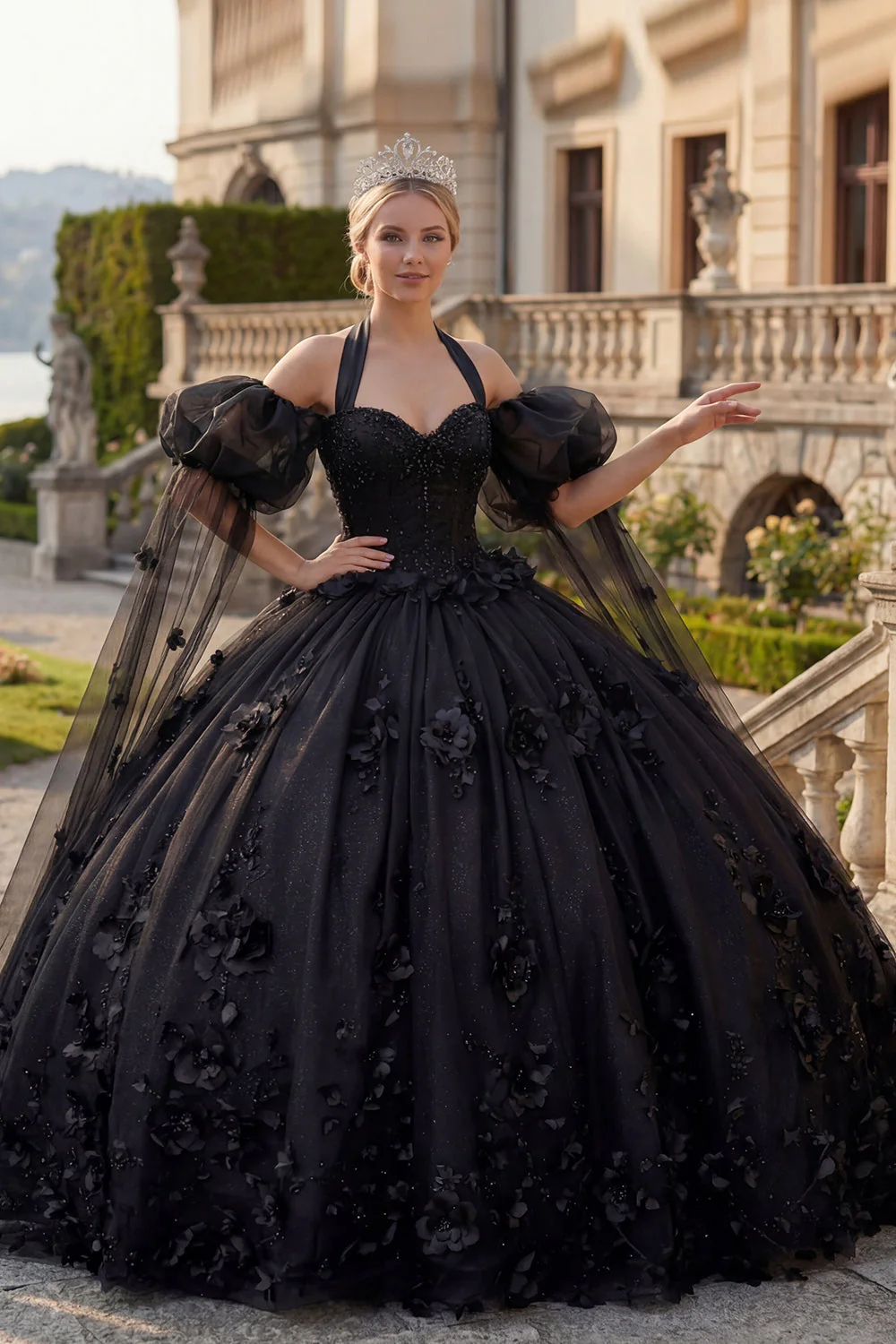 Robe de bal à col nu, perles noires appliquées, robe quinceañera à manches bouffantes