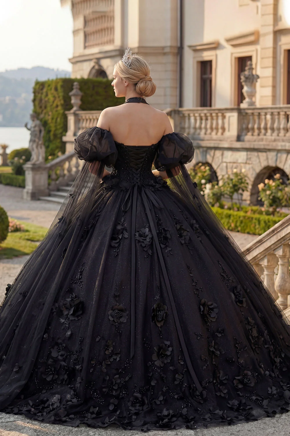 Robe de bal à col nu, perles noires appliquées, robe quinceañera à manches bouffantes - Image 2