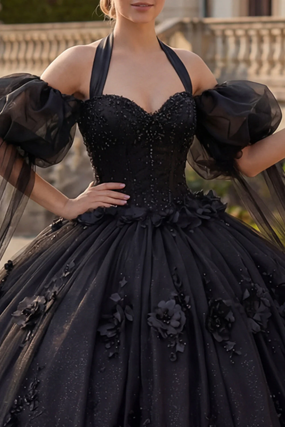 Robe de bal à col nu, perles noires appliquées, robe quinceañera à manches bouffantes - Image 3