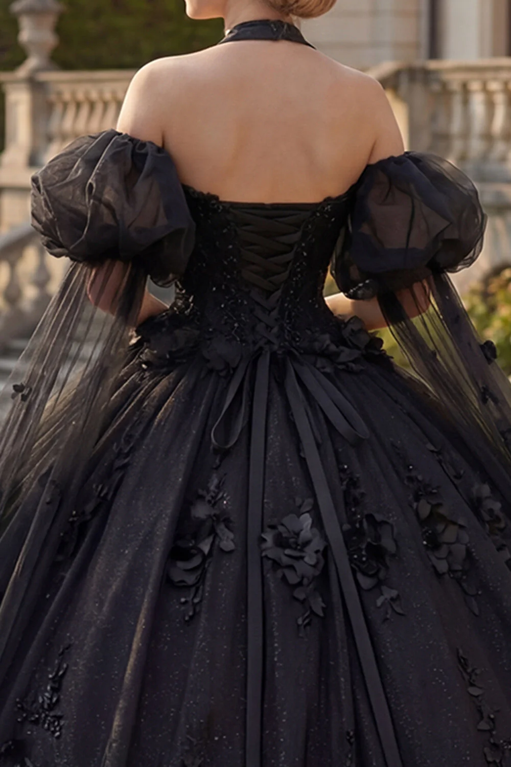 Robe de bal à col nu, perles noires appliquées, robe quinceañera à manches bouffantes - Image 4
