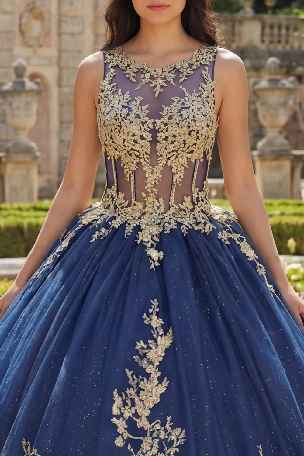 Robe de bal à col rond bleu marine avec applique, robe de bal Quinceañera - Image 3