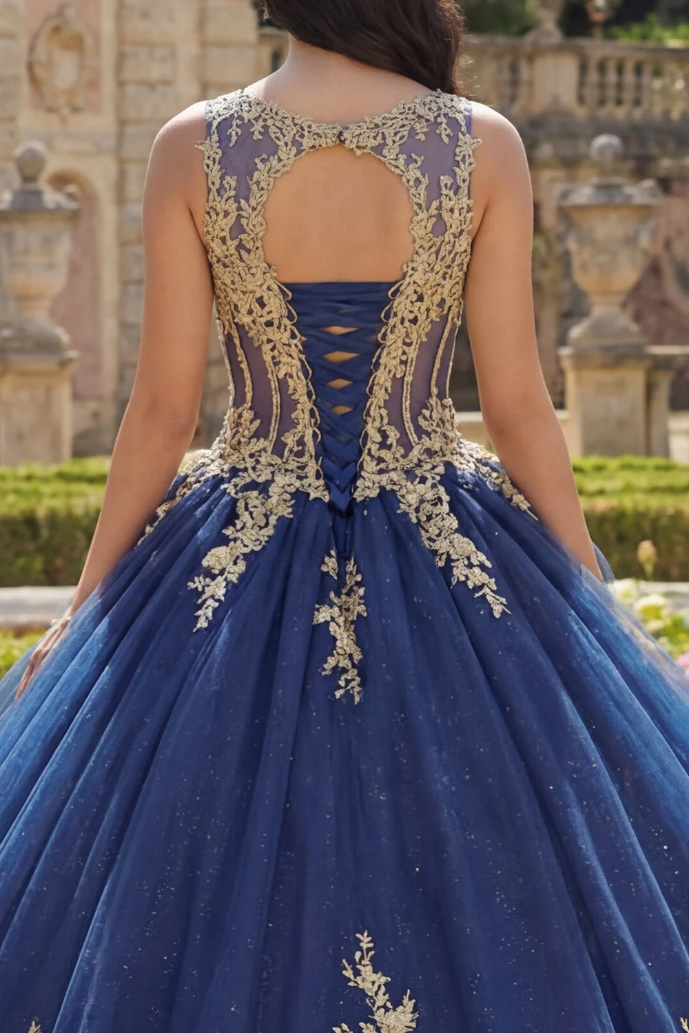 Robe de bal à col rond bleu marine avec applique, robe de bal Quinceañera - Image 4