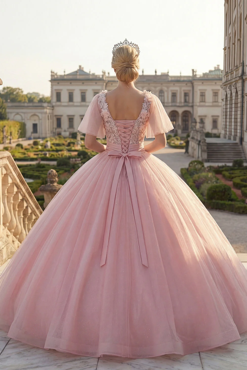 Robe de bal à col rond en forme de quinceañera rose appliquée avec manches flottantes - Image 2