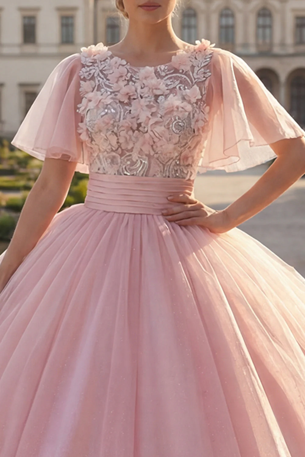 Robe de bal à col rond en forme de quinceañera rose appliquée avec manches flottantes - Image 3