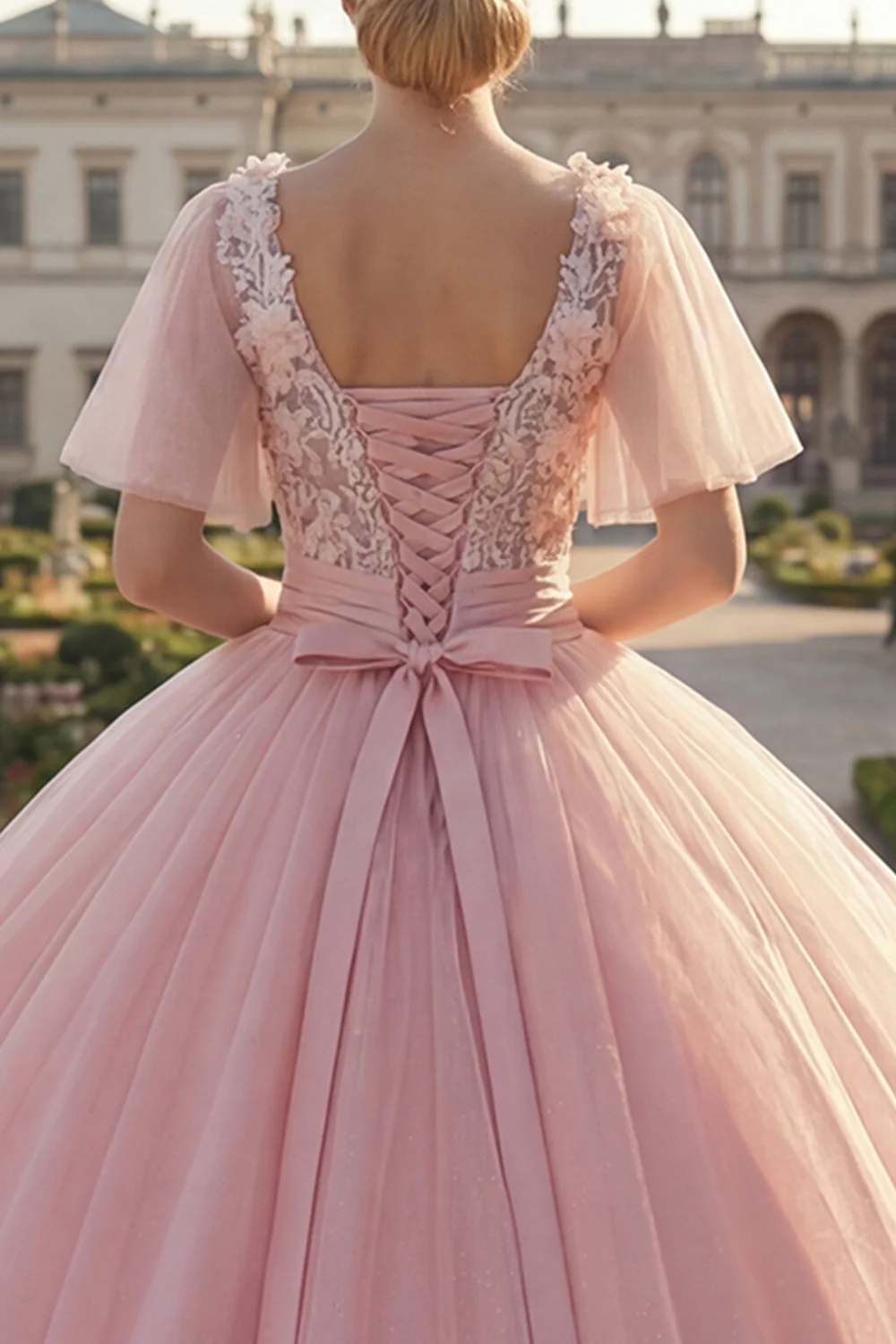 Robe de bal à col rond en forme de quinceañera rose appliquée avec manches flottantes - Image 4