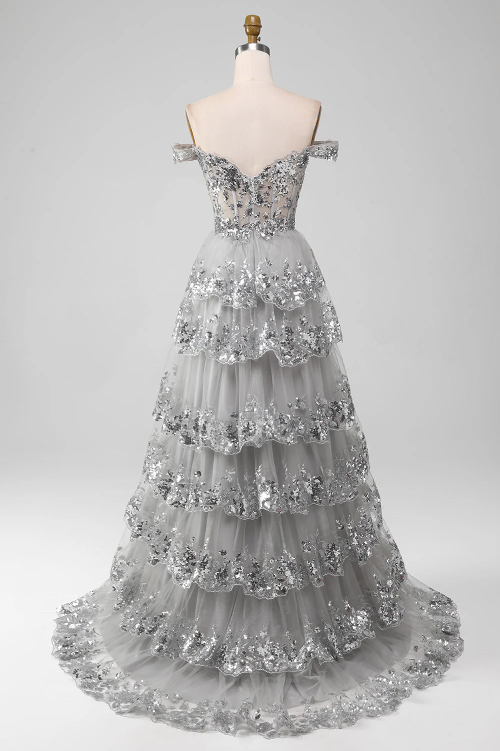 Robe de soirée à épaules dénudées gris scintillant avec fente - Image 2