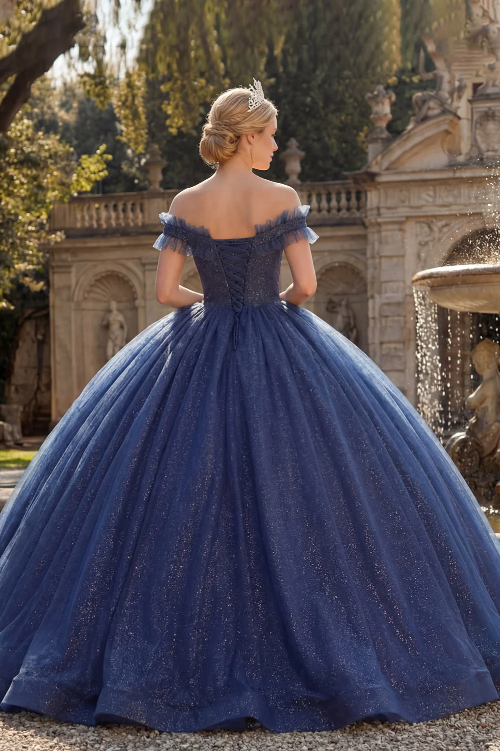 Robe de bal à épaules dénudées, robe de princesse Quinceañera à paillettes bleu marine - Image 2