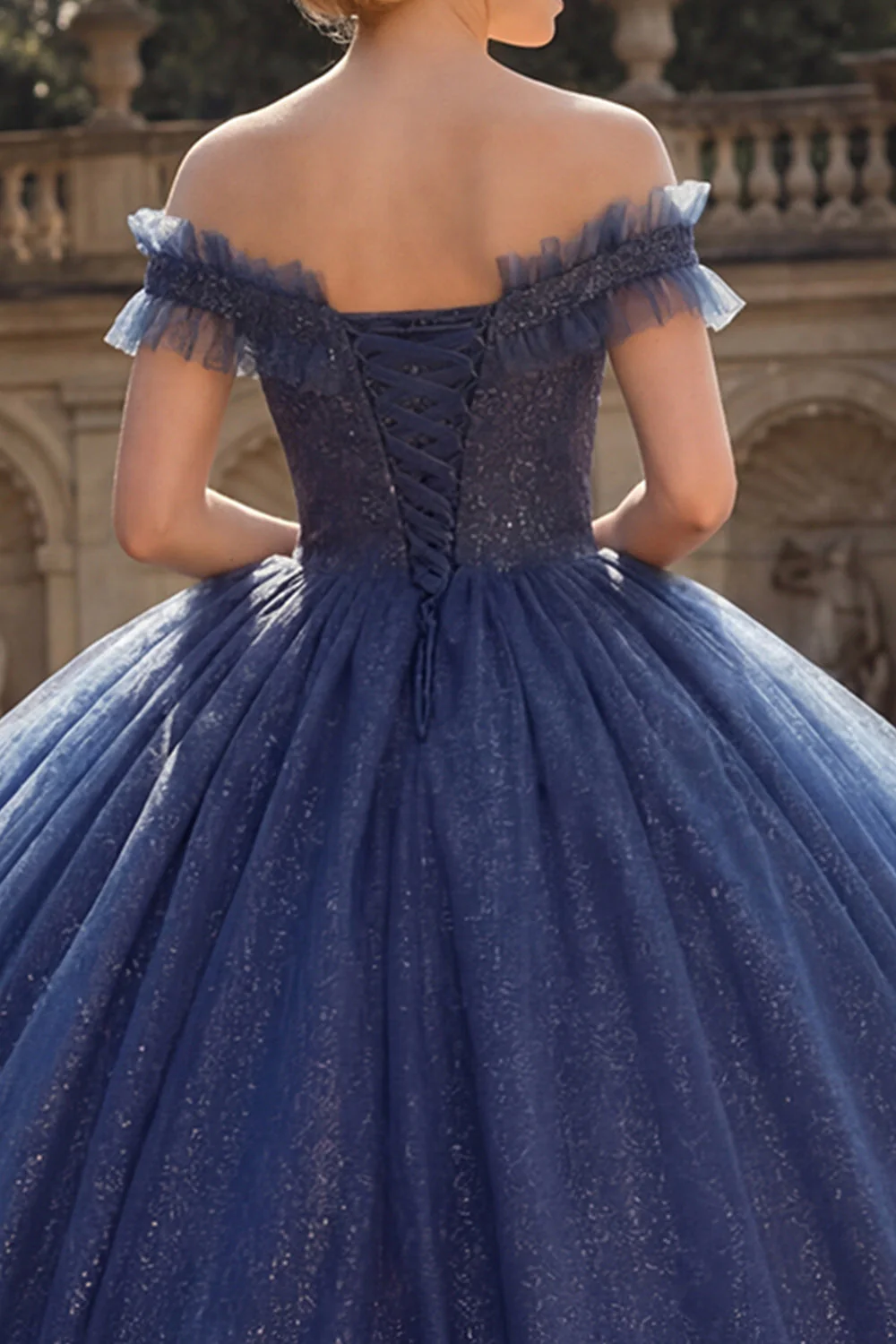 Robe de bal à épaules dénudées, robe de princesse Quinceañera à paillettes bleu marine - Image 4