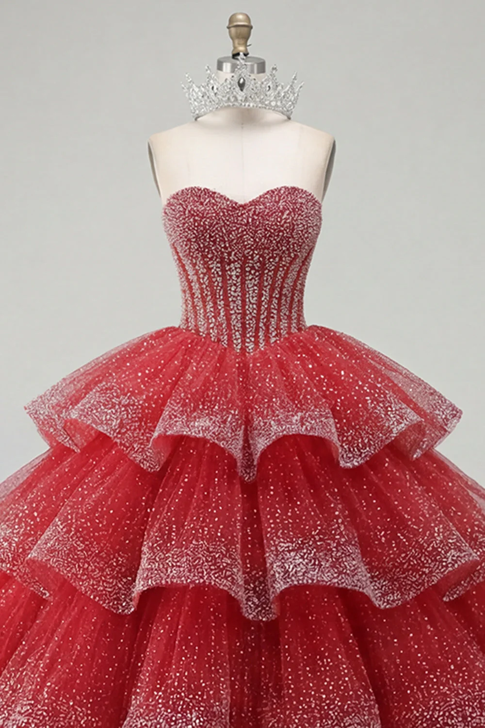 Robe de bal à étages robe de quinceañera sans bustier perlée rouge - Image 3