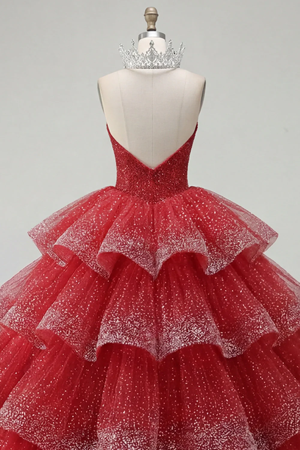 Robe de bal à étages robe de quinceañera sans bustier perlée rouge - Image 4
