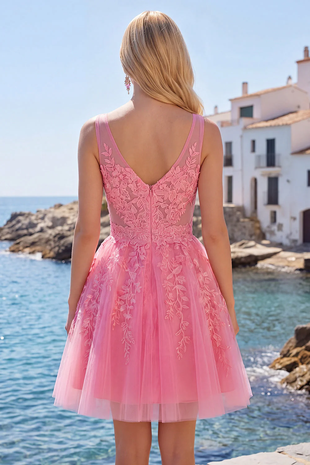 Robe de bal à la maison en tulle rose vif rose vif en ligne A - Image 4
