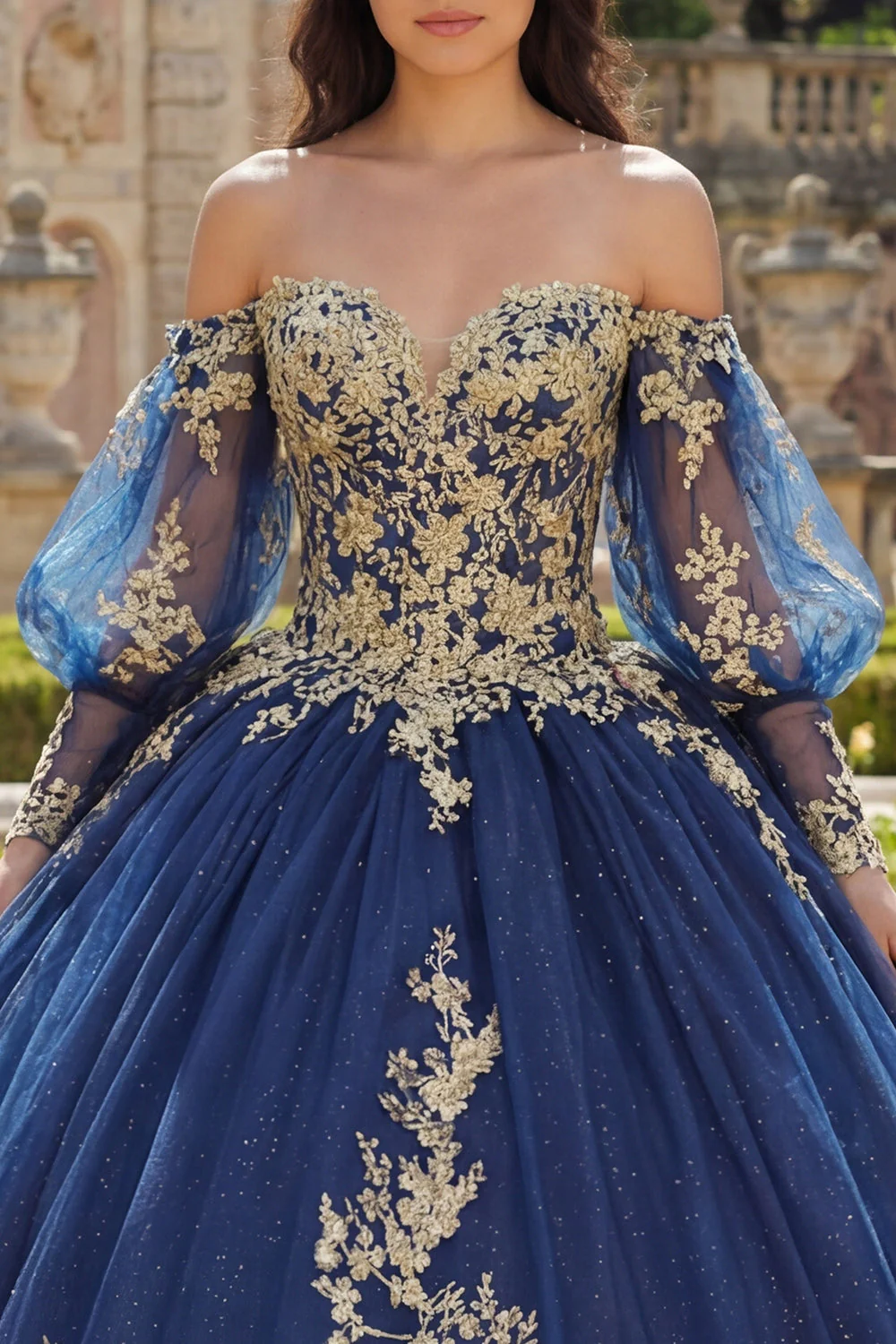Robe de bal à manches longues à manches longues appliquées bleu marine en quinceañera - Image 3