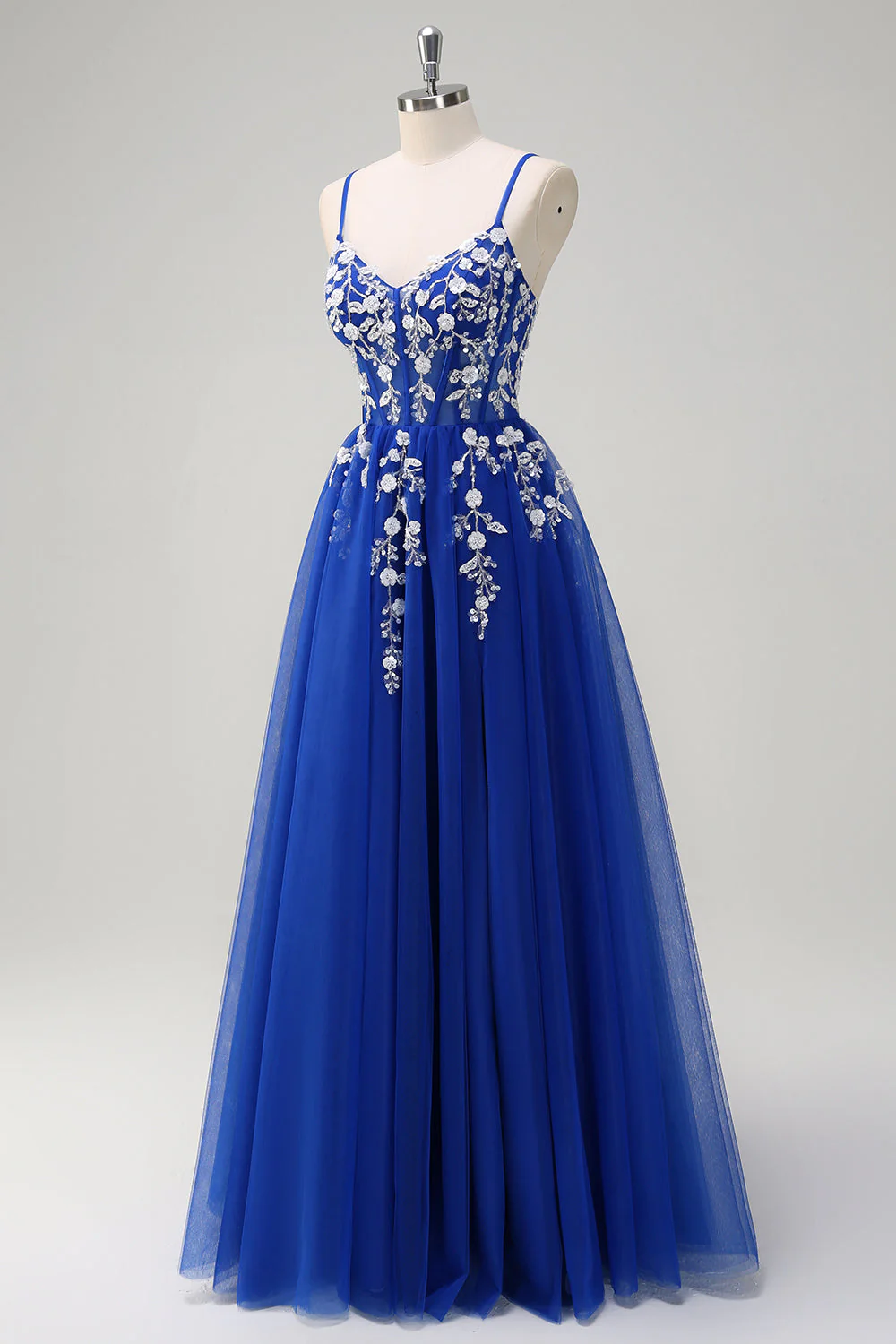 Robe de Soirée à paillettes à bretelles spaghetti trapèze bleu royal avec fente - Image 3