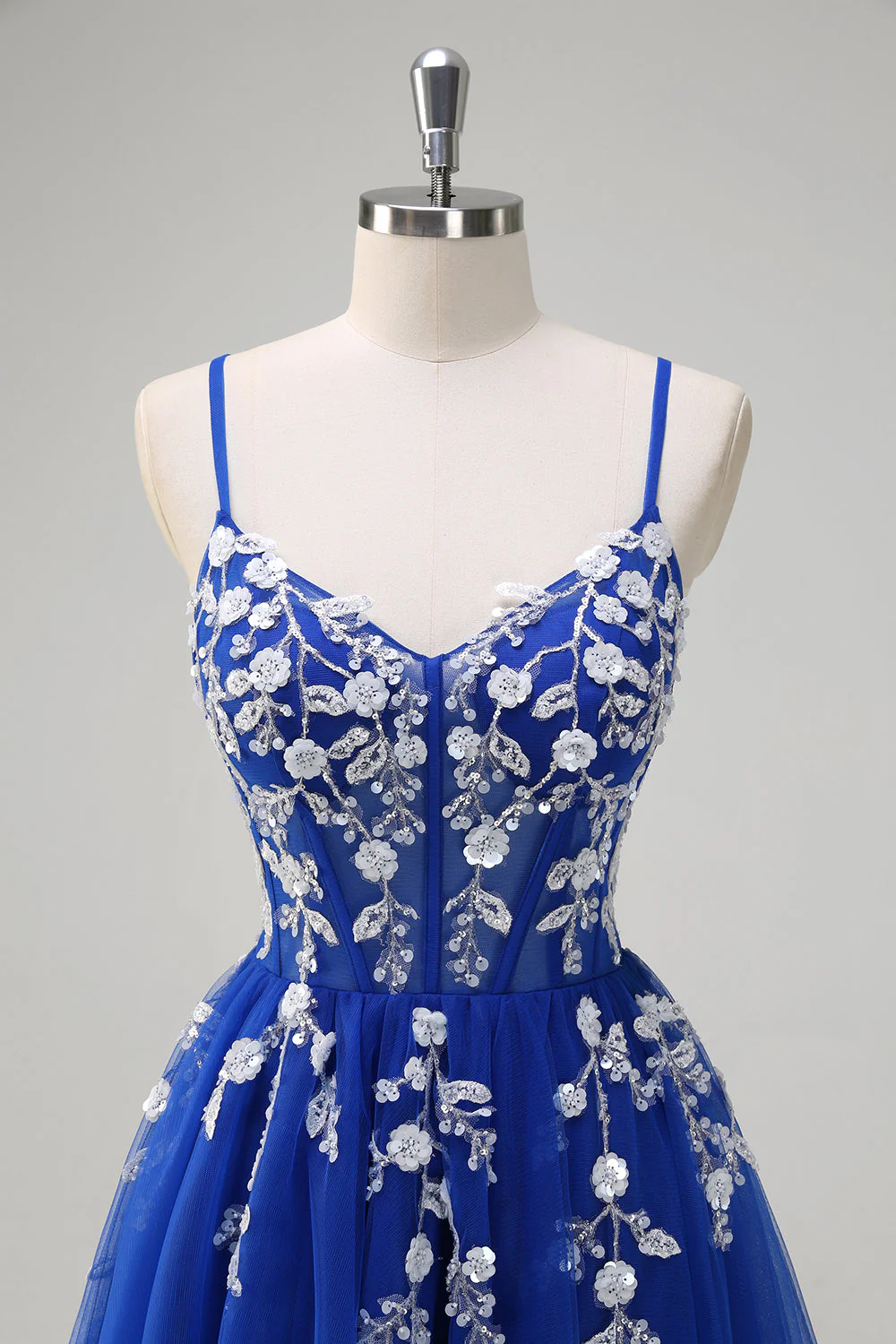 Robe de Soirée à paillettes à bretelles spaghetti trapèze bleu royal avec fente - Image 4