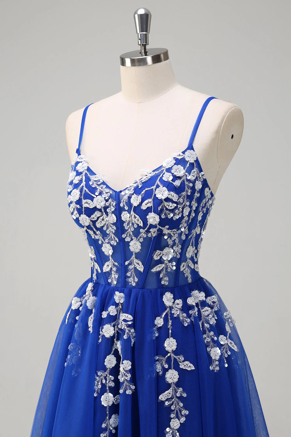 Robe de Soirée à paillettes à bretelles spaghetti trapèze bleu royal avec fente - Image 6